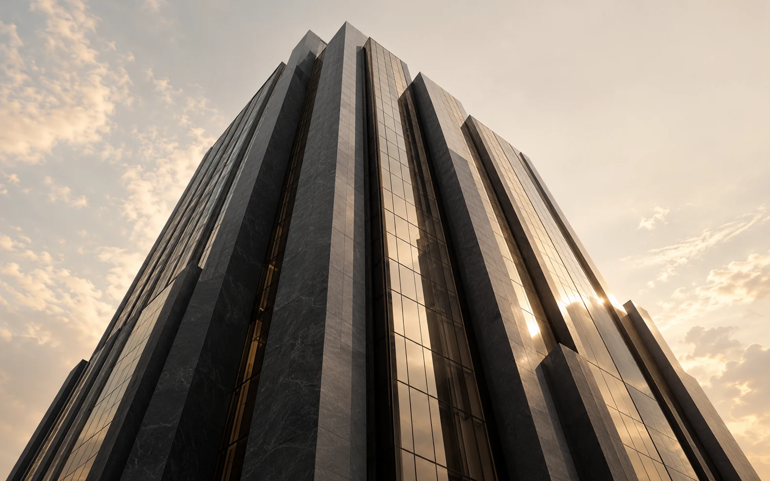 Sculptural dark architecture rising into a warm sky